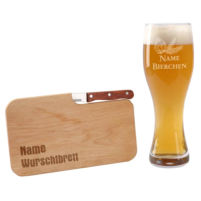 Bierglas und Holzbrettchen Wurschtbrett mit Namensgravur