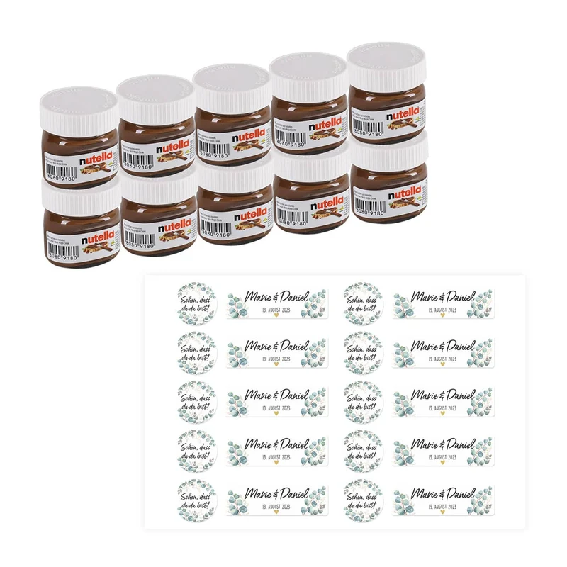 Gastgeschenk zur Hochzeit - 10 Mini Nutella Gläschen mit passenden Etiketten zum selbst Bekleben