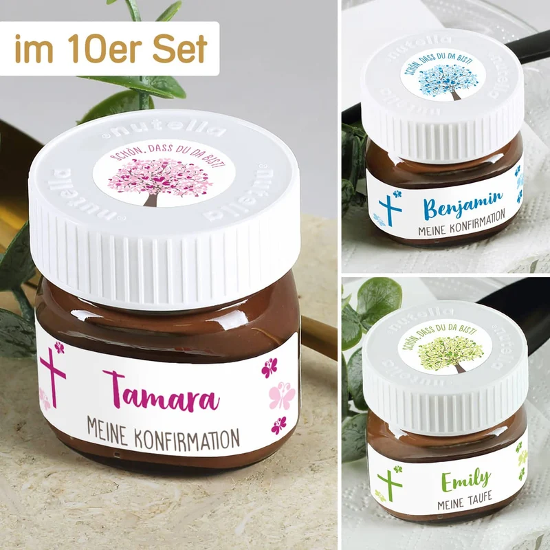 10er Set Nutella Gläschen zur Konfirmation, Kommunion oder Taufe in 3 Farbvarianten