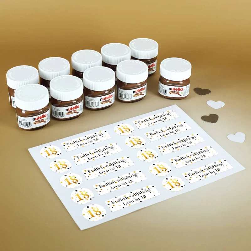 Gastgeschenk zum Geburtstag - 10er Set Nutella Gläschen mit passenden Aufklebern