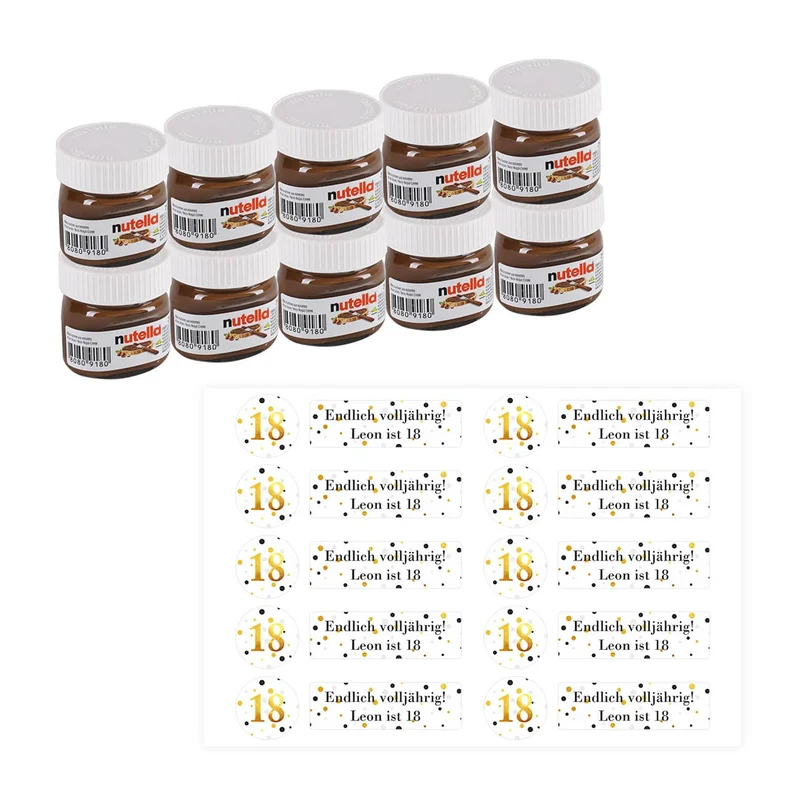 Gastgeschenk zum Geburtstag - 10er Set Nutella Gläschen mit passenden Aufklebern
