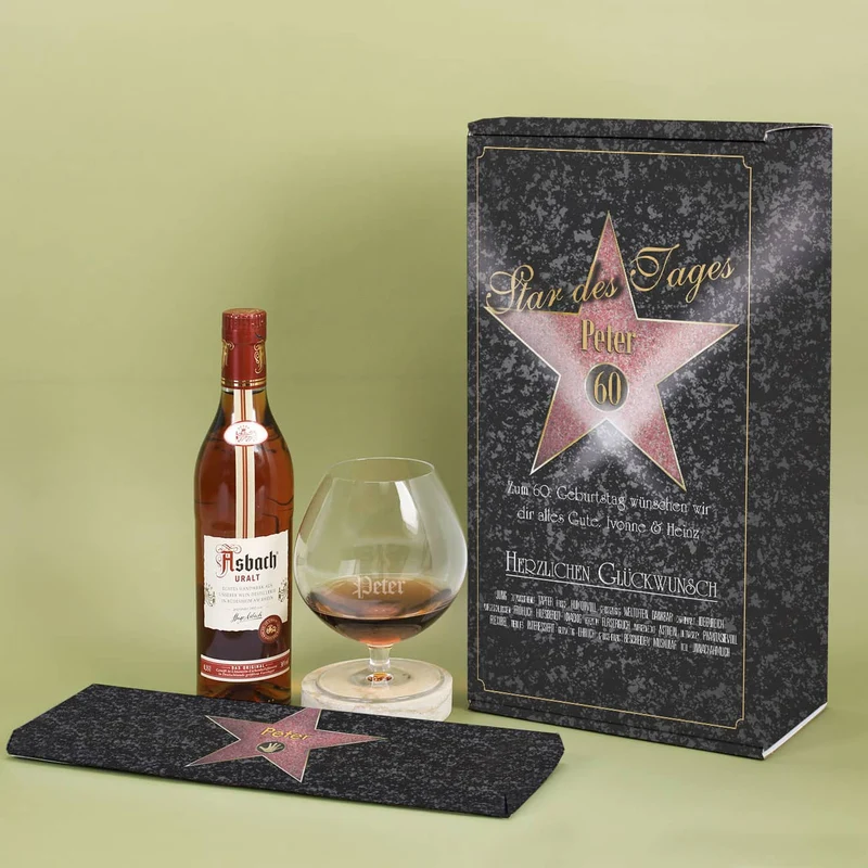 Star des Tages - Geburtstagsgeschenk mit Asbach Uralt, Glas und Schokolade
