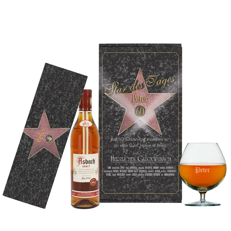 Star des Tages - Geburtstagsgeschenk mit Asbach Uralt, Glas und Schokolade