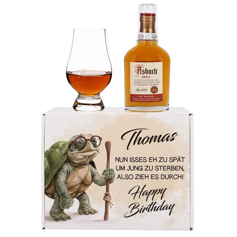 Zu spät um jung zu sterben - lustiges Geschenkset mit Asbach Uralt und graviertem Glas