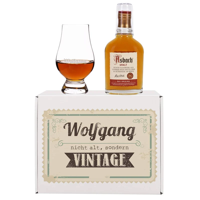 Nicht alt, sondern Vintage - Asbach Uralt Geschenkset mit graviertem Glas