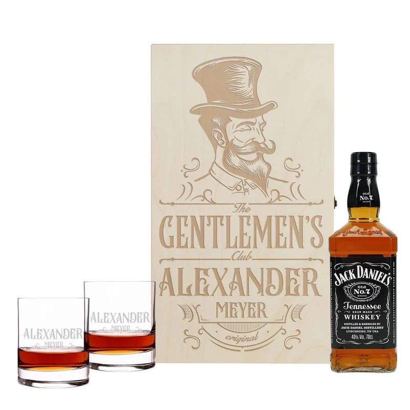 The Gentlemen's Club - Geschenkset mit zwei Whiskeygläsern und Jack Daniel's