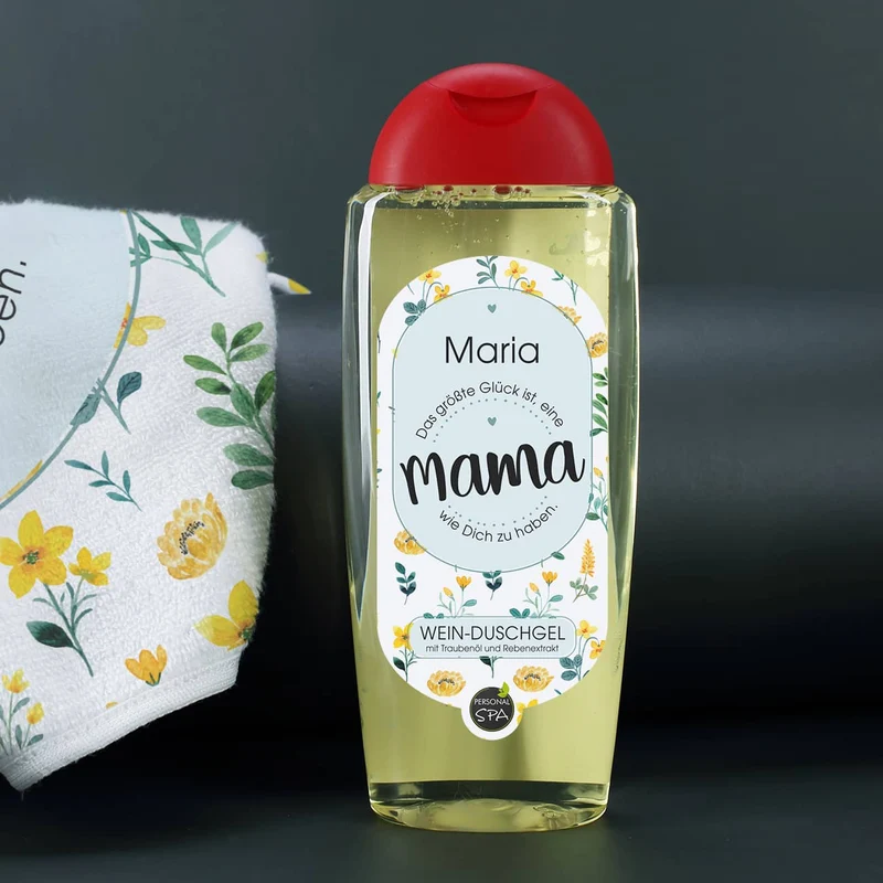 Jutetüte mit Wein-Duschgel und persönlichem Handtuch für die beste Mama
