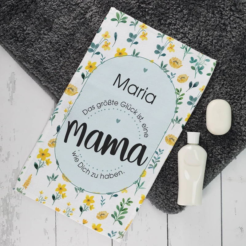 Jutetüte mit Wein-Duschgel und persönlichem Handtuch für die beste Mama