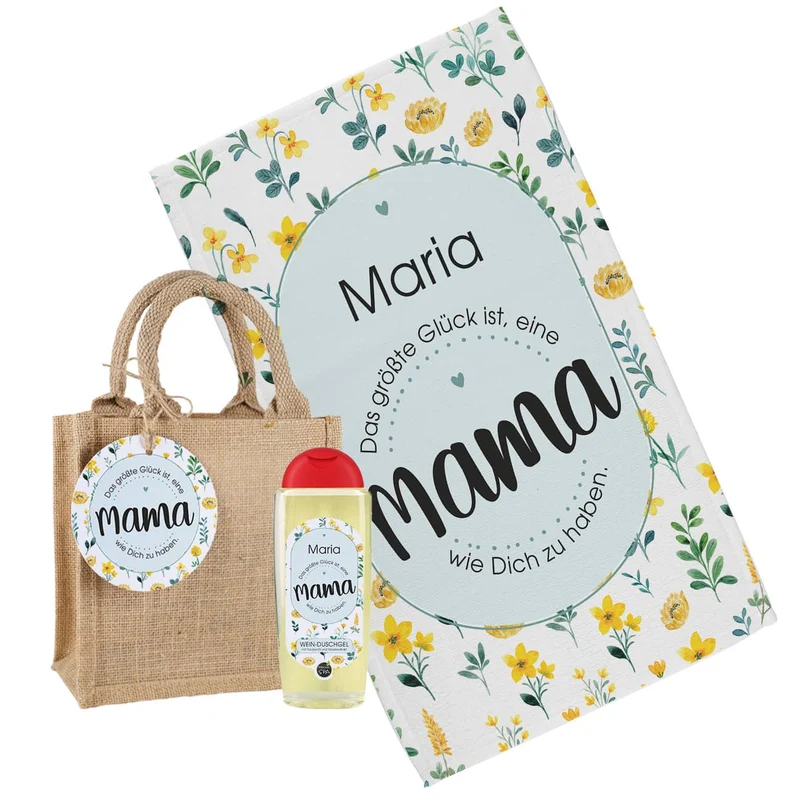 Jutetüte mit Wein-Duschgel und persönlichem Handtuch für die beste Mama