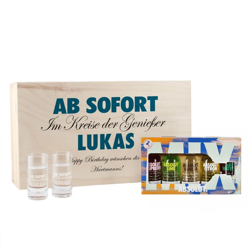 Geschenk-Set aus 5 Flaschen Vodka mit 2 gravierten Vodka-Gläsern in bedruckter Holzkiste