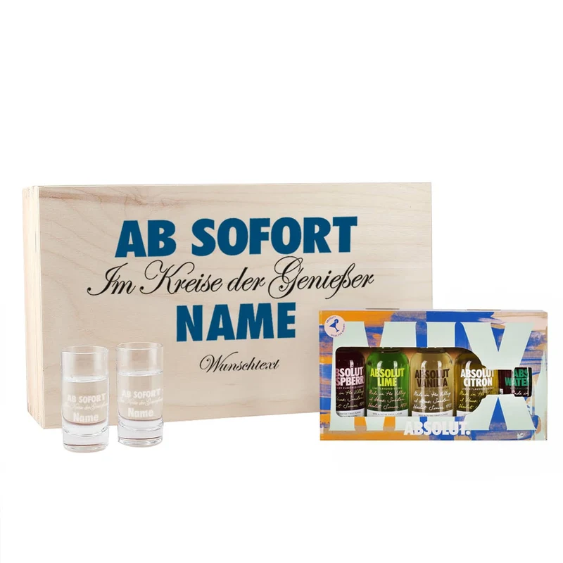 Geschenk-Set aus 5 Flaschen Vodka mit 2 gravierten Vodka-Gläsern in bedruckter Holzkiste