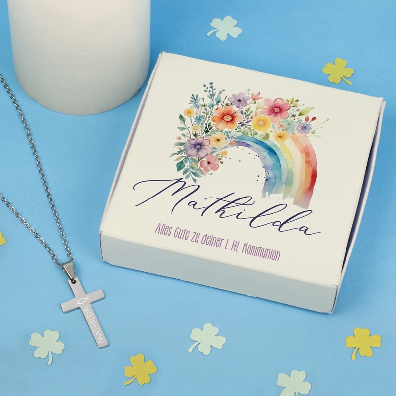 Gravierte Halskette mit Kreuz in Geschenkbox zu Kommunion, Konfirmation, Taufe