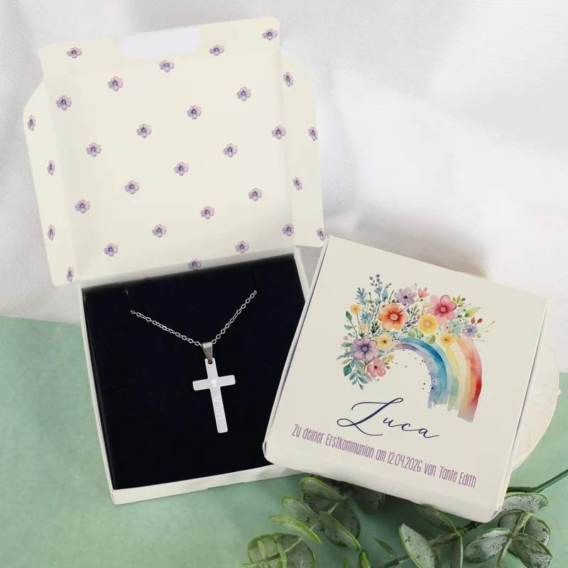 Gravierte Halskette mit Kreuz in Geschenkbox zu Kommunion, Konfirmation, Taufe