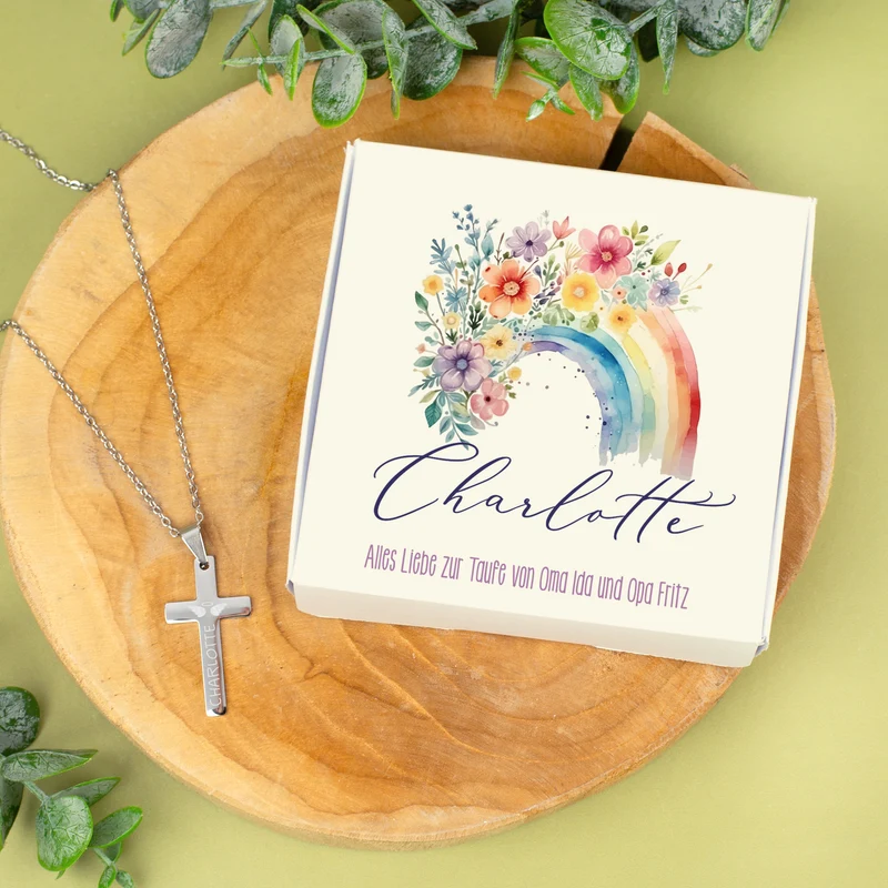 Gravierte Halskette mit Kreuz in Geschenkbox zu Kommunion, Konfirmation, Taufe