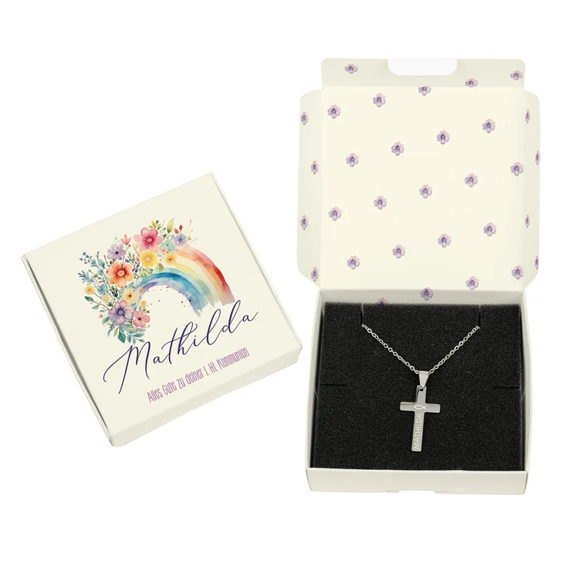 Gravierte Halskette mit Kreuz in Geschenkbox zu Kommunion, Konfirmation, Taufe