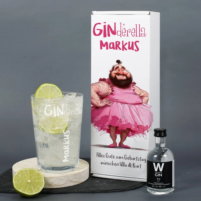 Lustiges Ginderella Geschenkset mit Wüstefeld Gin und Glas