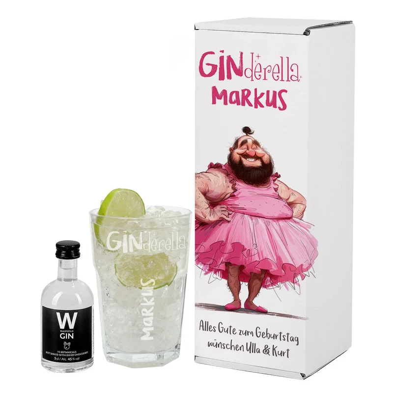 Lustiges Ginderella Geschenkset mit Wüstefeld Gin und Glas