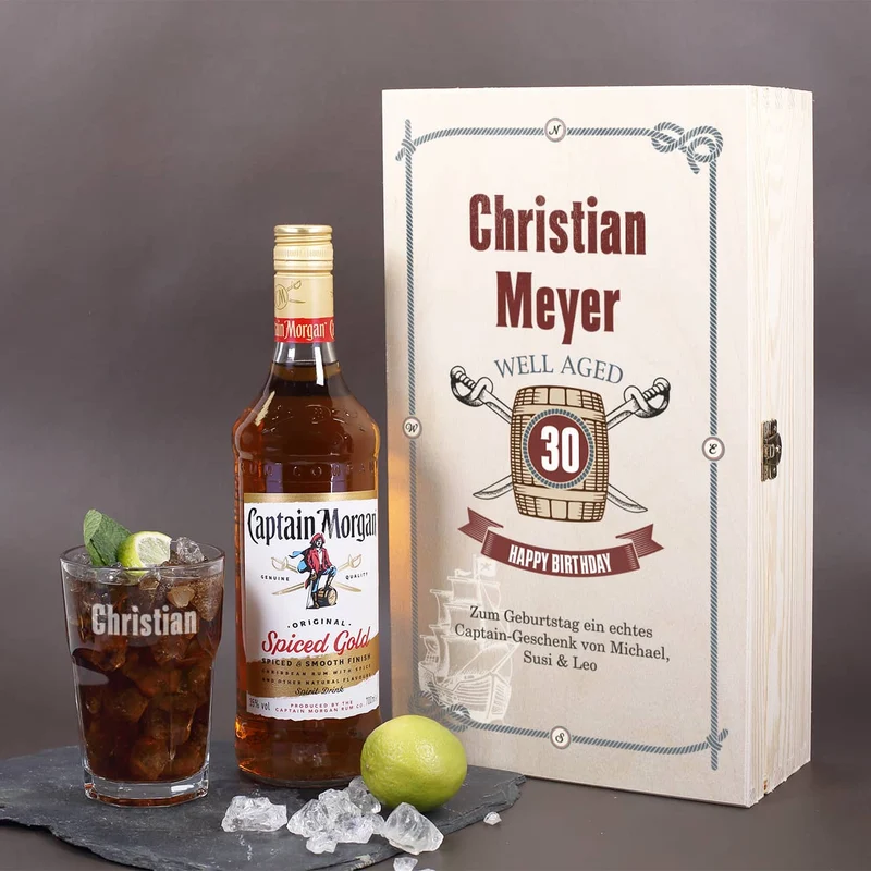 Captain Morgan - Set zum Geburtstag in edler Holzbox mit graviertem Longdrinkglas