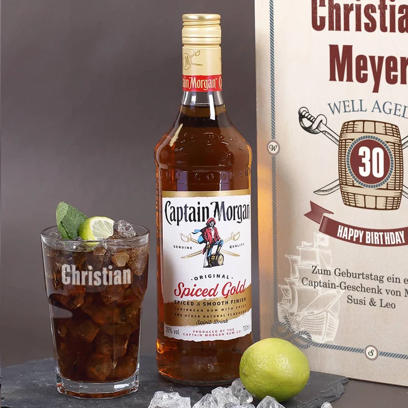 Captain Morgan - Set zum Geburtstag in edler Holzbox mit graviertem Longdrinkglas