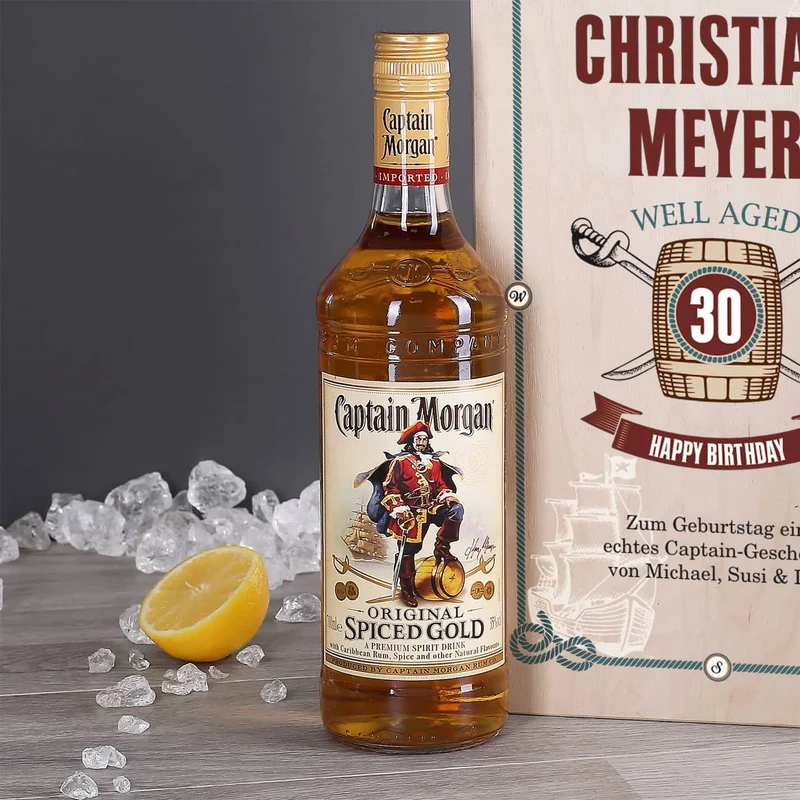 Captain Morgan - Set zum Geburtstag in edler Holzbox mit graviertem Longdrinkglas
