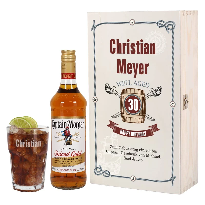 Captain Morgan - Set zum Geburtstag in edler Holzbox mit graviertem Longdrinkglas