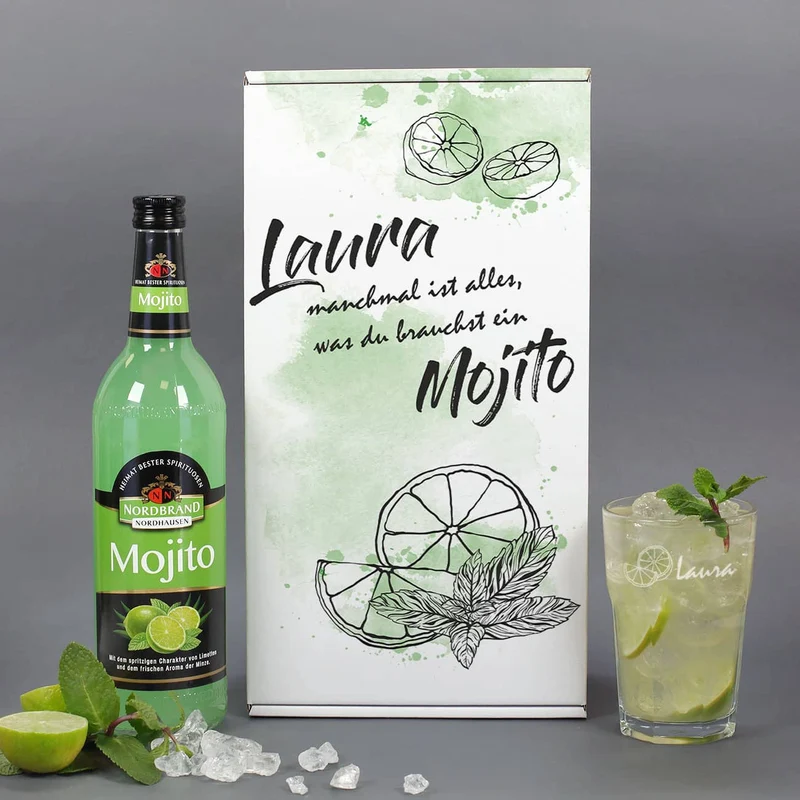 Mojito-Geschenkset mit graviertem Longdrinkglas und personalisierter Verpackung