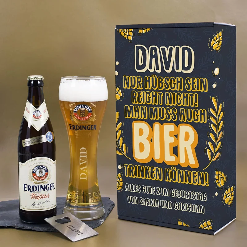 Bier Geschenkset mit Weißbier, Glas und Flaschenöffner in Geschenkbox