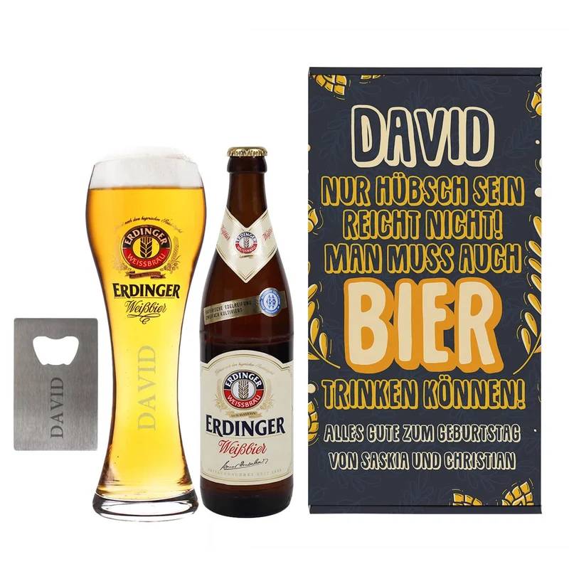 Bier Geschenkset mit Weißbier, Glas und Flaschenöffner in Geschenkbox