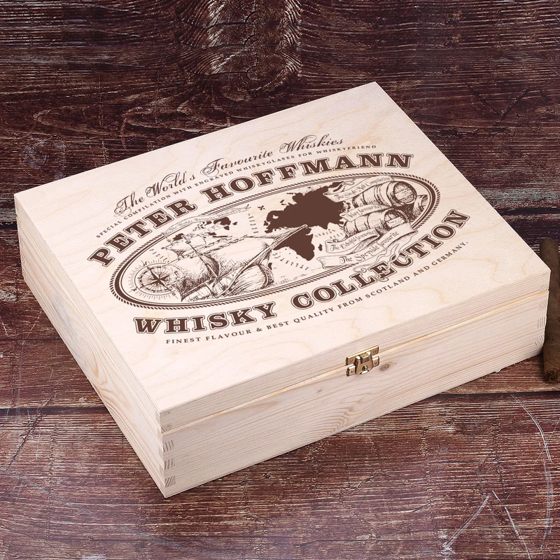 Worlds Favourite Whiskies Geschenkset mit gravierten Gläsern und bedruckter Holzkiste