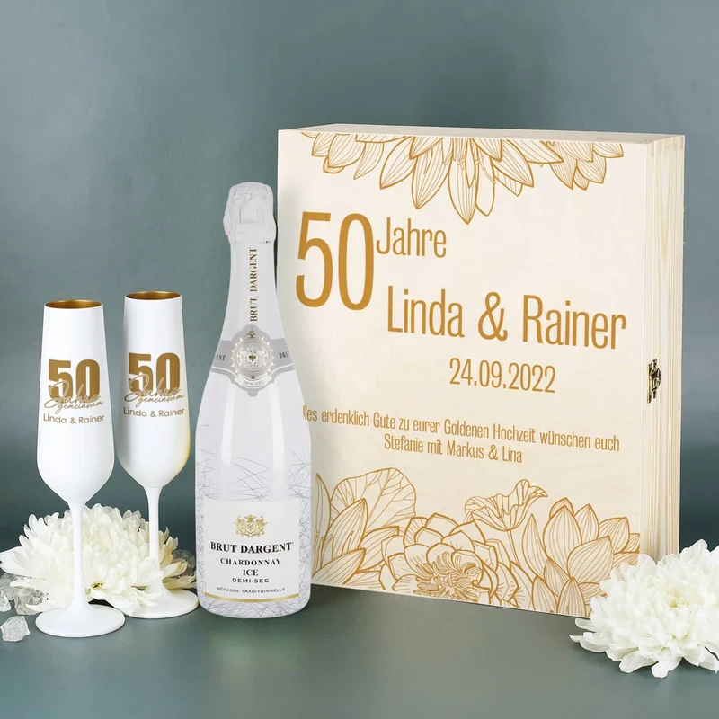 Sekt Set mit 2 Gläsern, Brut d'Argent und Holzbox zur Goldenen Hochzeit
