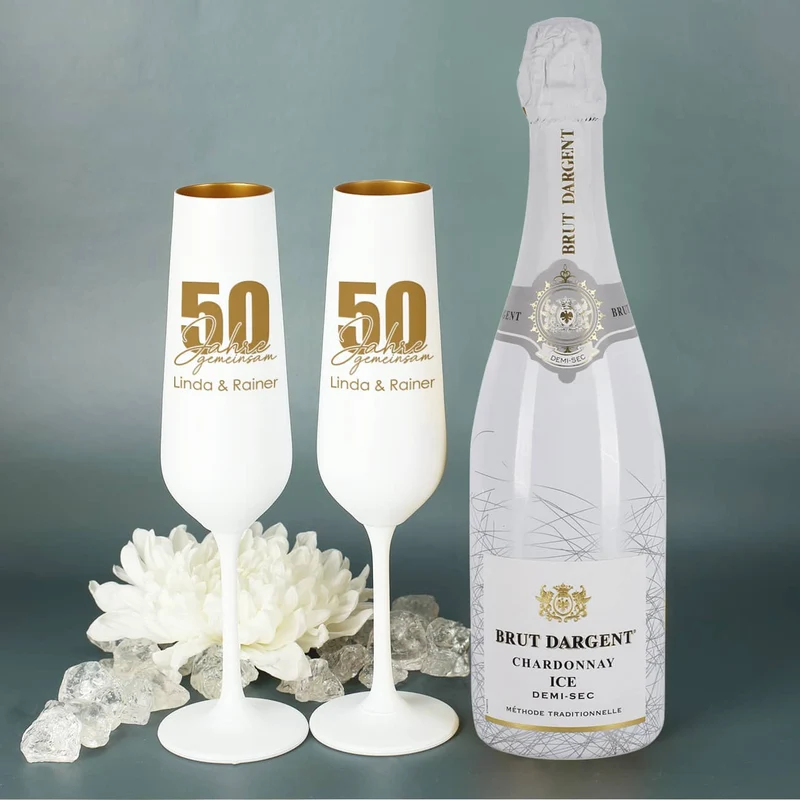 Sekt Set mit 2 Gläsern, Brut d'Argent und Holzbox zur Goldenen Hochzeit