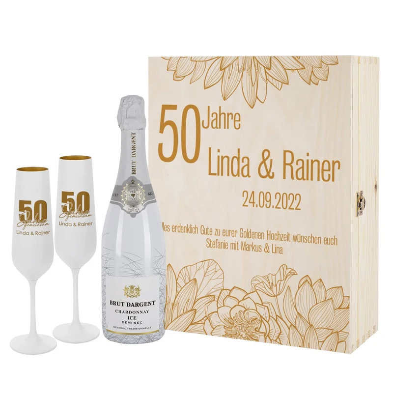 Sekt Set mit 2 Gläsern, Brut d'Argent und Holzbox zur Goldenen Hochzeit