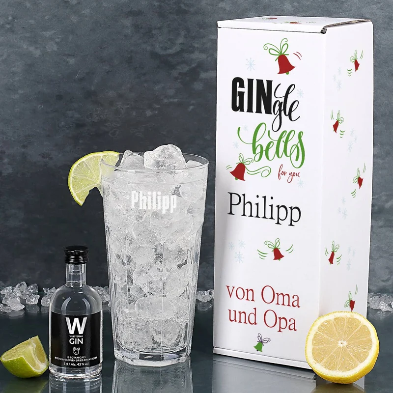Wuestefeld Gin mit graviertem Gin-Glas in bedruckter Geschenkverpackung für be-gin-liche Weihnachten