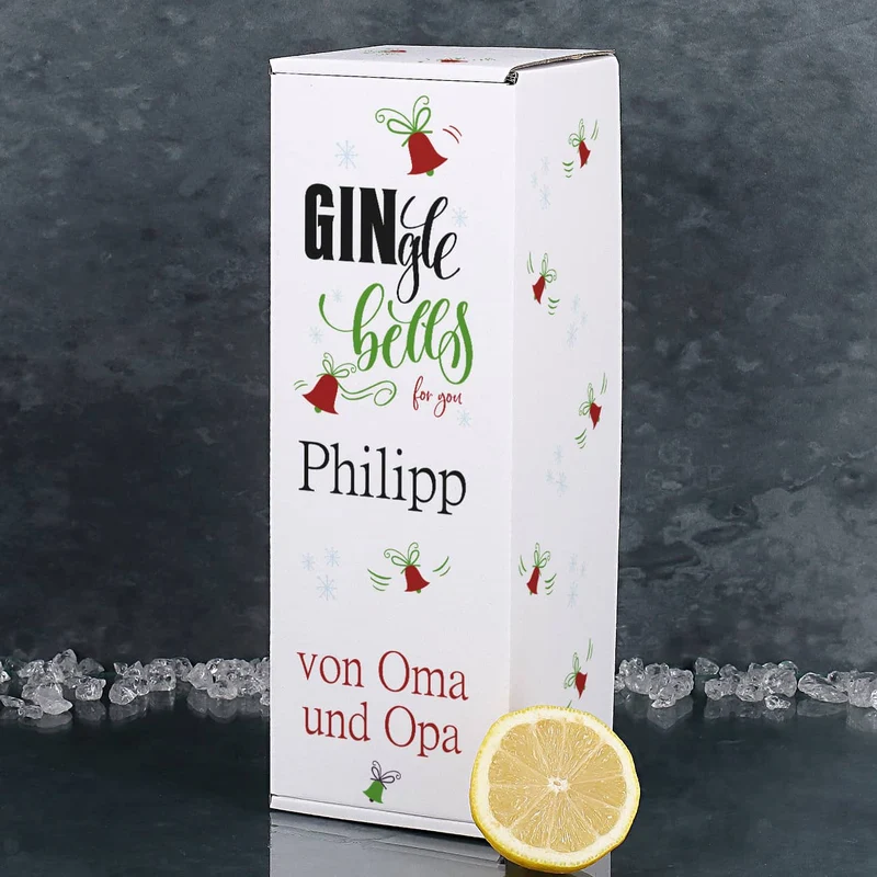 Wuestefeld Gin mit graviertem Gin-Glas in bedruckter Geschenkverpackung für be-gin-liche Weihnachten