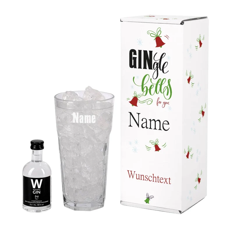 Wuestefeld Gin mit graviertem Gin-Glas in bedruckter Geschenkverpackung für be-gin-liche Weihnachten
