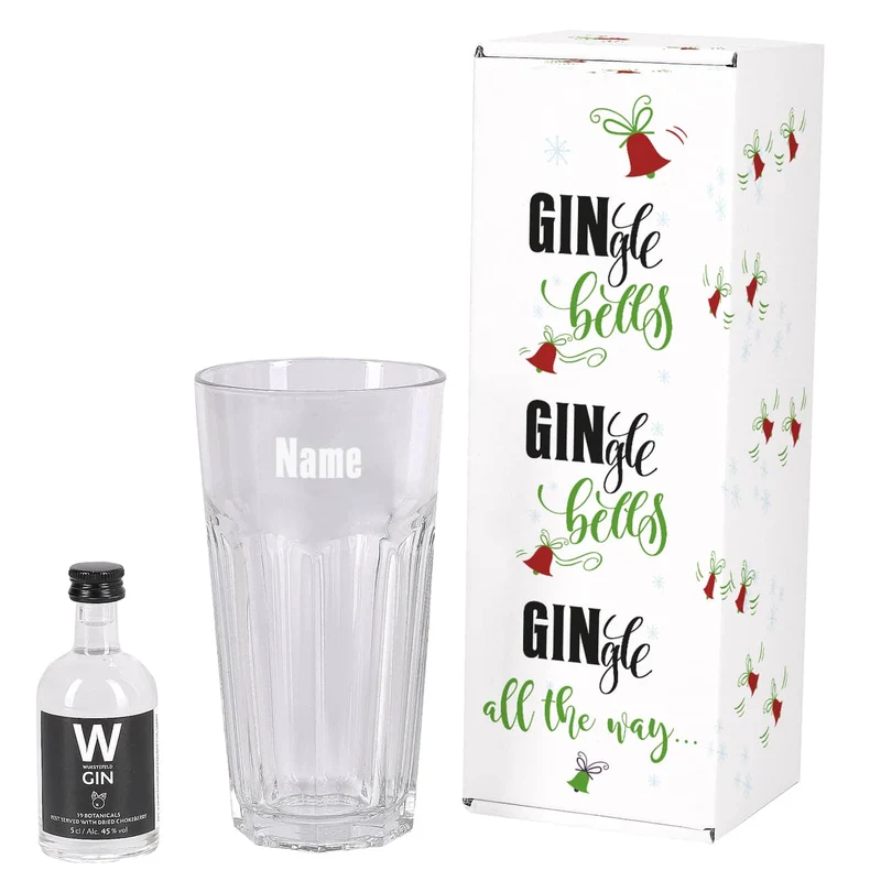 Wuestefeld Gin mit graviertem Gin-Glas in bedruckter Geschenkverpackung für be-gin-liche Weihnachten