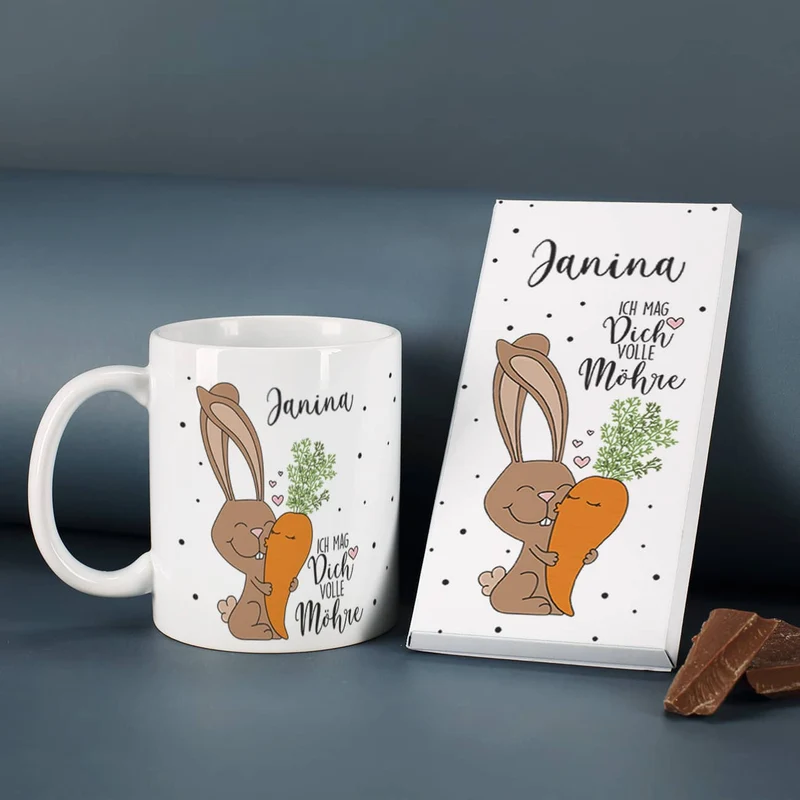 Geschenkset zu Ostern - Ich mag dich volle Möhre - mit Tasse und Schokolade