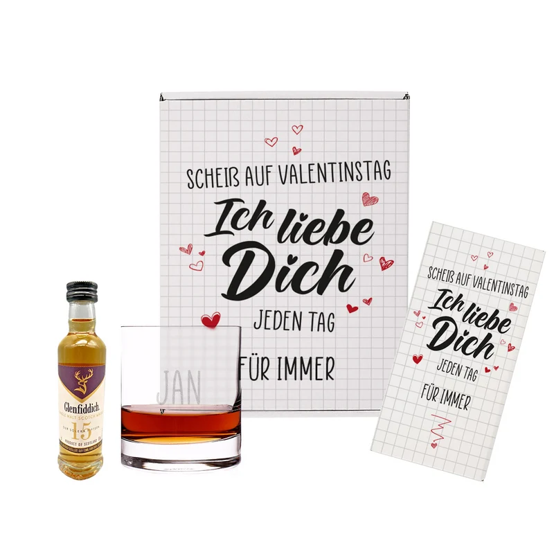 Whisky Set zum Valentinstag mit Glas und Schokolade