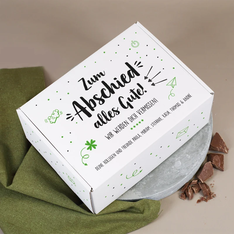 Whisky-Geschenkset zum Abschied mit Glenfiddich, graviertem Glas und Schokolade