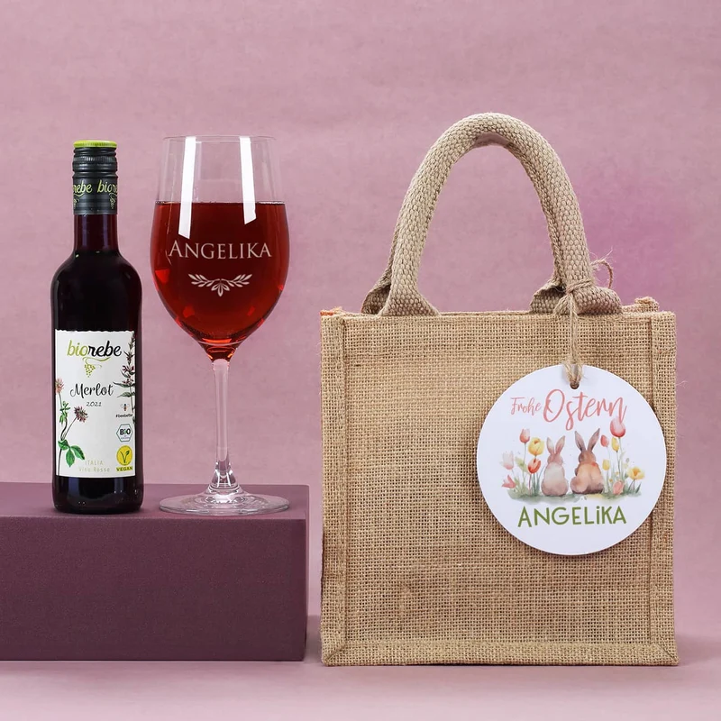 Ostergeschenkset mit Biorebe Weiß- oder Rotwein und graviertem Glas