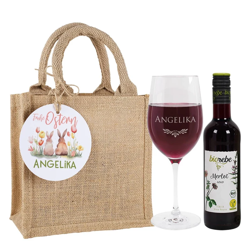 Ostergeschenkset mit Biorebe Weiß- oder Rotwein und graviertem Glas