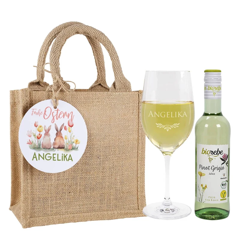 Ostergeschenkset mit Biorebe Weiß- oder Rotwein und graviertem Glas