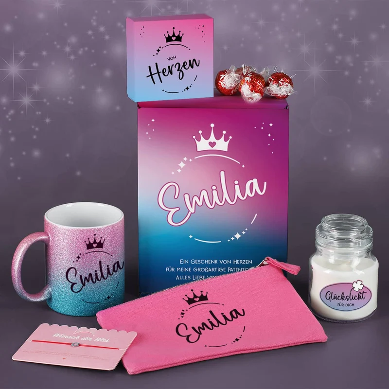 Wundervolles Geschenkset mit Glitzertasse, Beautycase, Duftkerze & mehr - für Frauen