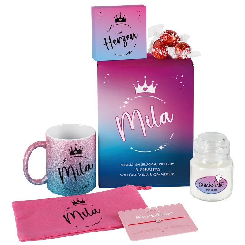 Wundervolles Geschenkset mit Glitzertasse, Beautycase, Duftkerze & mehr - für Frauen