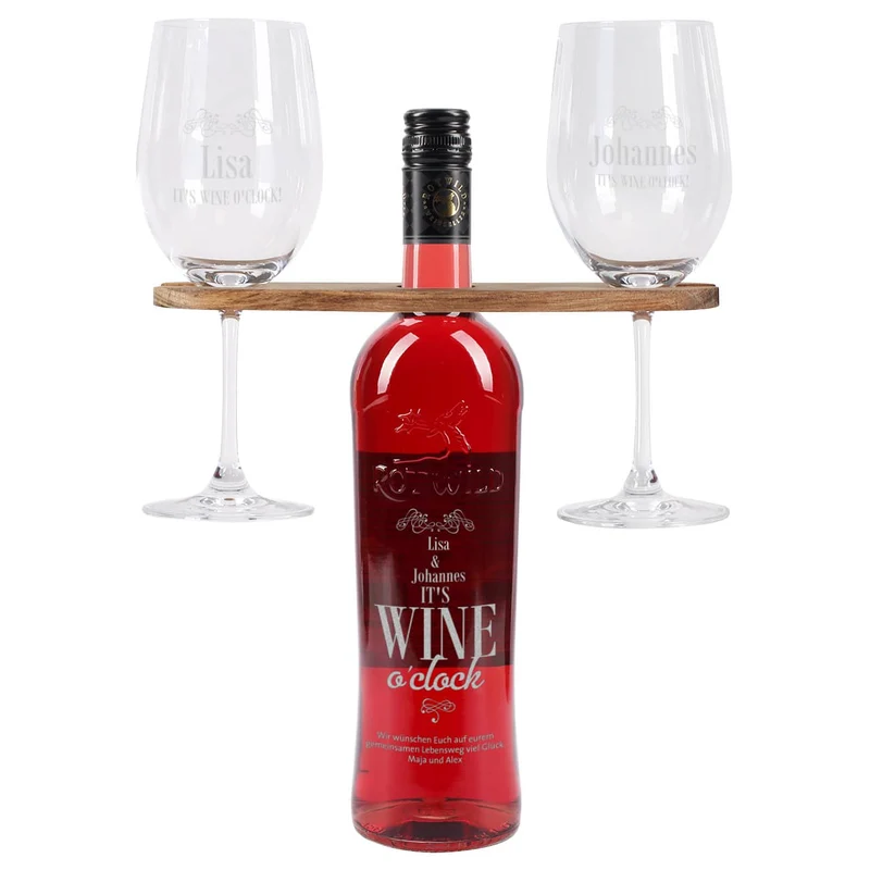 Weingeschenk Set - It`s Wine o`clock! - mit gravierter Weinflasche, Weingläsern und Weinbutler