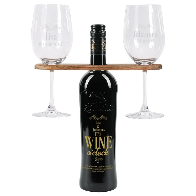 Weingeschenk Set - It`s Wine o`clock! - mit gravierter Weinflasche, Weingläsern und Weinbutler