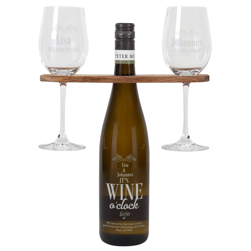 Weingeschenk Set - It`s Wine o`clock! - mit gravierter Weinflasche, Weingläsern und Weinbutler
