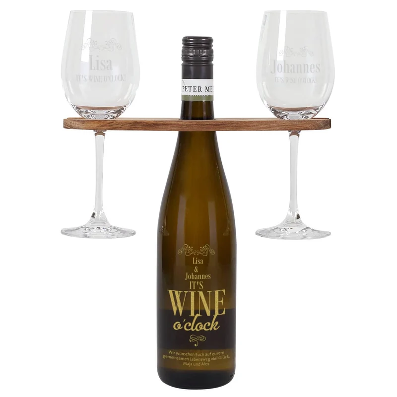 Weingeschenk Set - It`s Wine o`clock! - mit gravierter Weinflasche, Weingläsern und Weinbutler