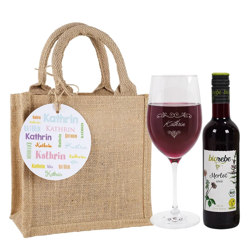 Kleines Geschenkset mit graviertem Weinglas, Rot- oder Weißwein und Geschenktüte mit Anhänger