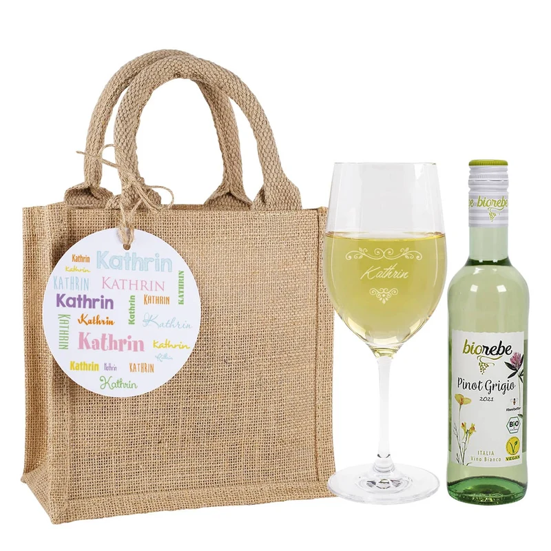 Kleines Geschenkset mit graviertem Weinglas, Rot- oder Weißwein und Geschenktüte mit Anhänger